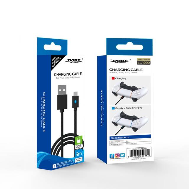 DOBE TY-0803 10ft Braided USB C Stronger 1A Charging Cable Compatible with ps5 Controller, Switch ProController, Google Controller, Xbox one Elite 2 Controller, Xbox series Controller, switch Controller, Mobile | TY-0803B