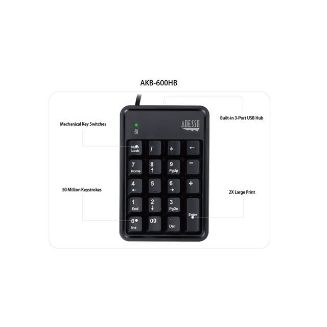Adesso 19-Key Mechanical Keypad with 3-Port USB Hub | AKB-600HB