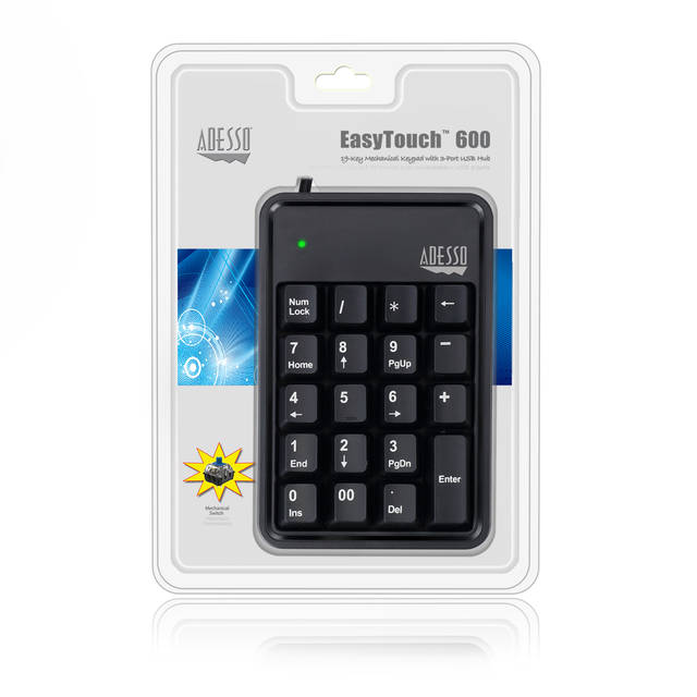 Adesso 19-Key Mechanical Keypad with 3-Port USB Hub | AKB-600HB