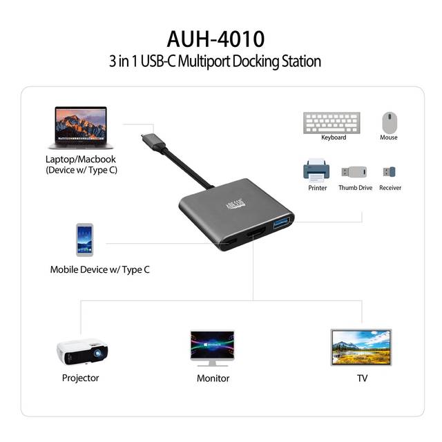 Adesso 3-IN-1 USB-C Multi-Port Docking Station (TAA Compliant) | AUH-4010