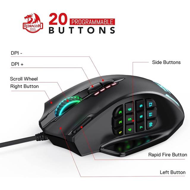Redragon M908 IMPACT MMO Gaming Mouse up to 12,400 DPI High Precision Mouse for PC, 18 Programmable Buttons, Weight Tuning Cartridge, 12 Side Buttons, 5 programmable user profiles, 16.8 Million Customizing LED Color Option | M908