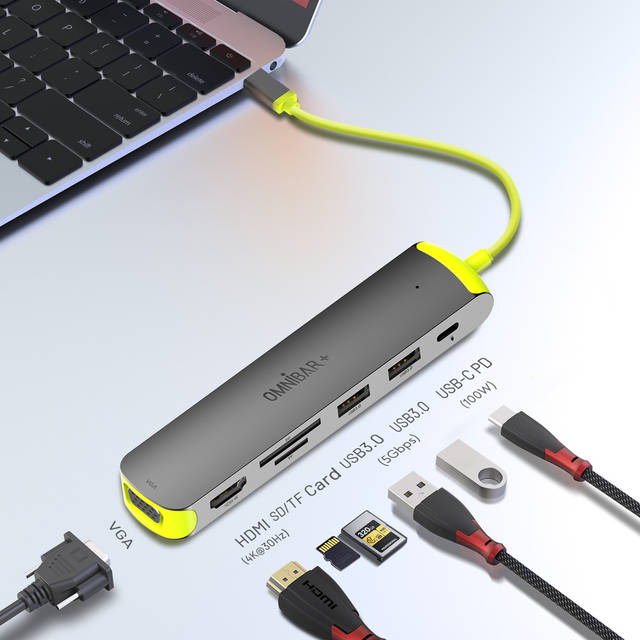 OMNIBARPLUS USB C Hub, 7-in-1 USB C to USB Hub Multiport with 4K HDMI, VGA, SD/TF Card Reader, 2 USB-A 3.0 5Gbps, 100W PD Charging Ports, USB Type C Docking Station for Laptop, MacBook Pro/Air and More | OMN-HUB-7P60B-10  O16-000012