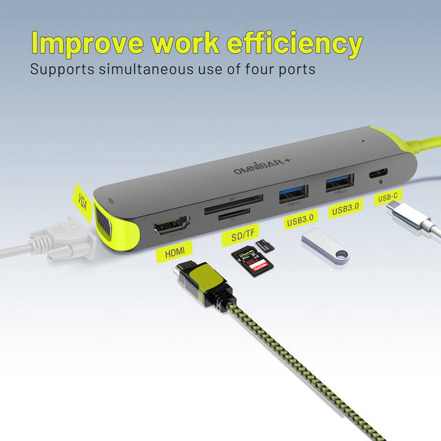 OMNIBARPLUS USB C Hub, 7-in-1 USB C to USB Hub Multiport with 4K HDMI, VGA, SD/TF Card Reader, 2 USB-A 3.0 5Gbps, 100W PD Charging Ports, USB Type C Docking Station for Laptop, MacBook Pro/Air and More | OMN-HUB-7P60B-10  O16-000012