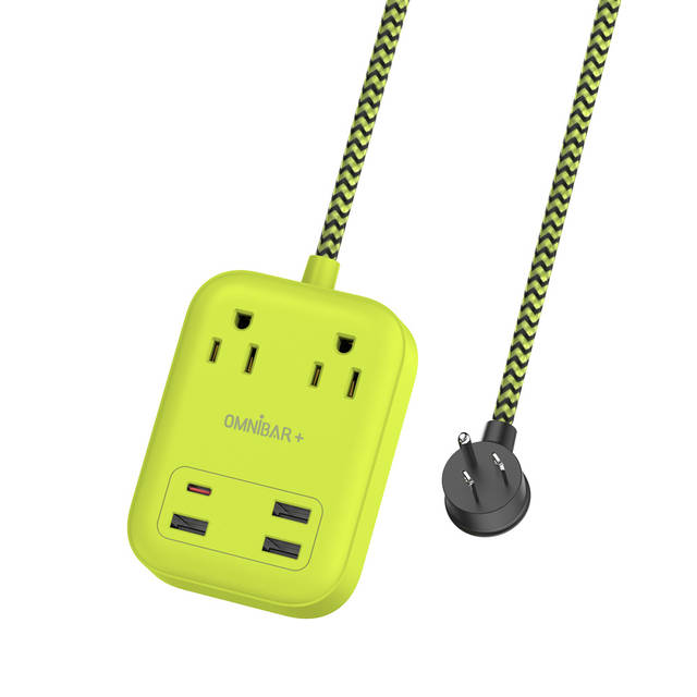 OMNIBARPLUS 6 Ft Power Strip Surge Protector - 2 Outlets 4 USB Ports (3 USB A), Maxpw Ultra Thin Flat Extension Cord & Flat Plug, 1700 Joules, Desk Charging Station for Home Office Dorm (yellow-green) | OMN-PSK-XPUSB-1 O16-000016